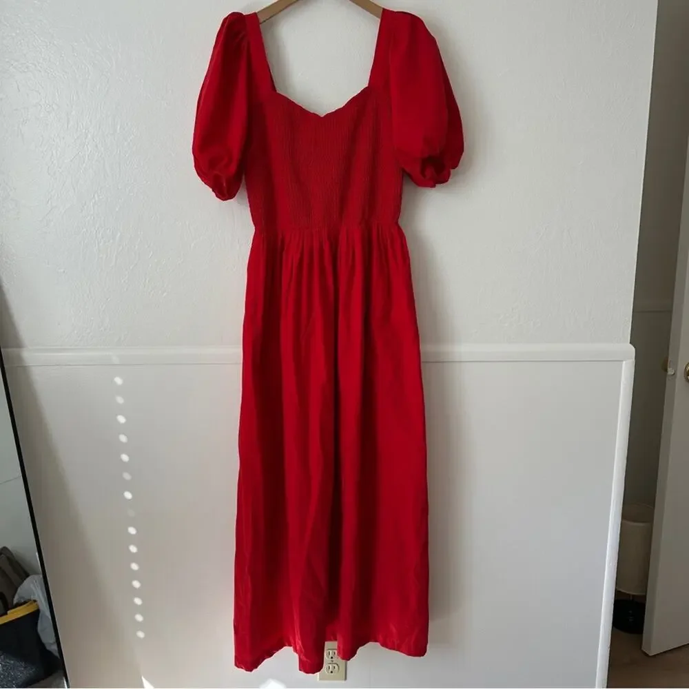 Abercrombie & Fitch Smocked Red Short Sleeve Maxi Dress Medium